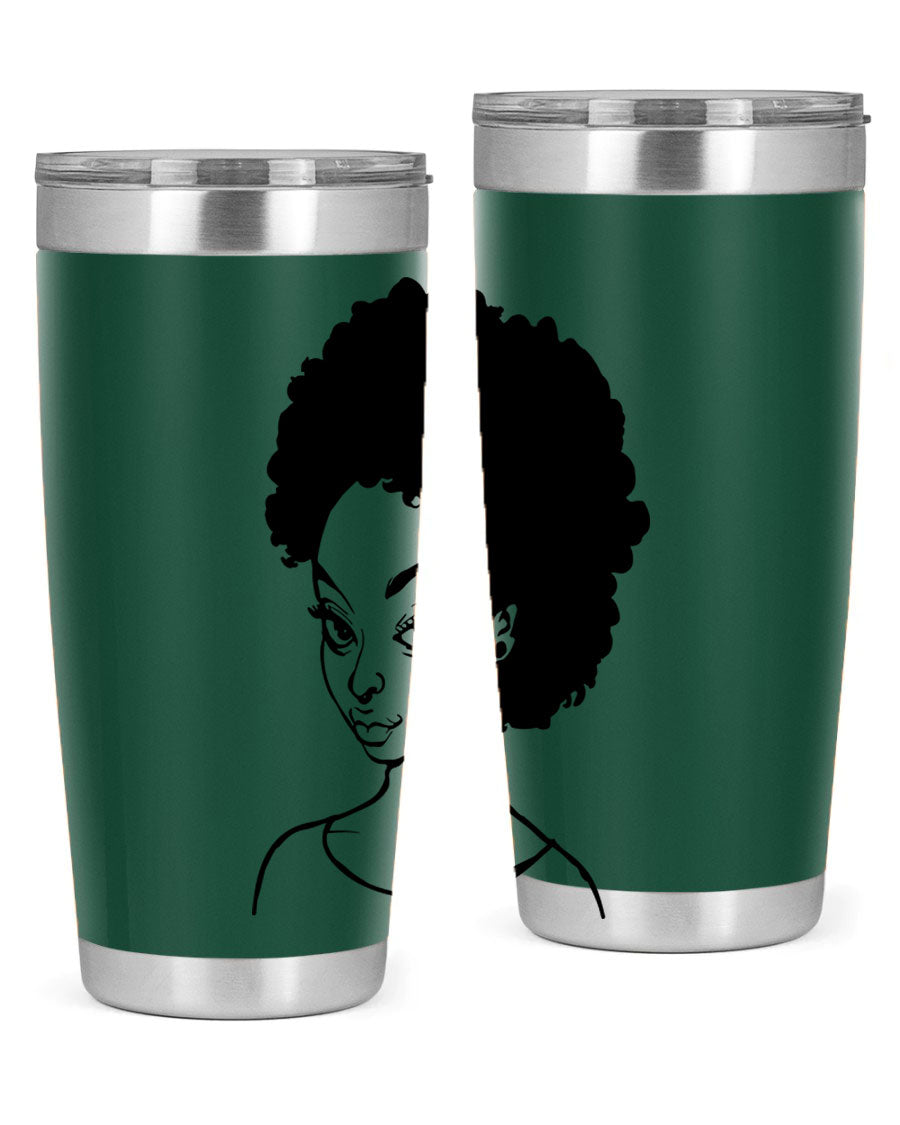 Afro woman tumbler featuring a vibrant design, made of stainless steel with double wall vacuum insulation.