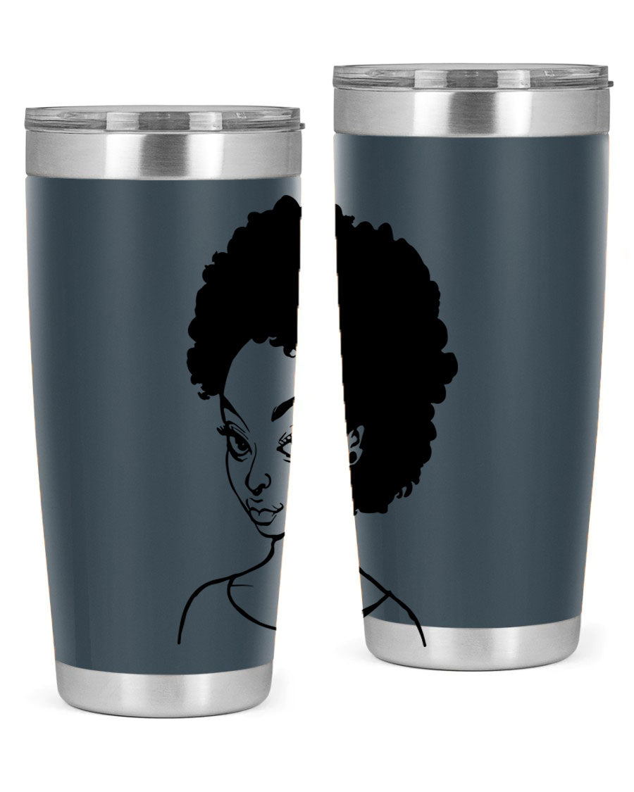 Afro woman tumbler featuring a vibrant design, made of stainless steel with double wall vacuum insulation.