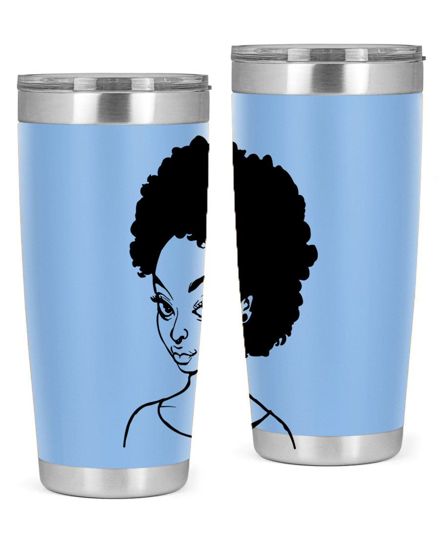 Afro woman tumbler featuring a vibrant design, made of stainless steel with double wall vacuum insulation.