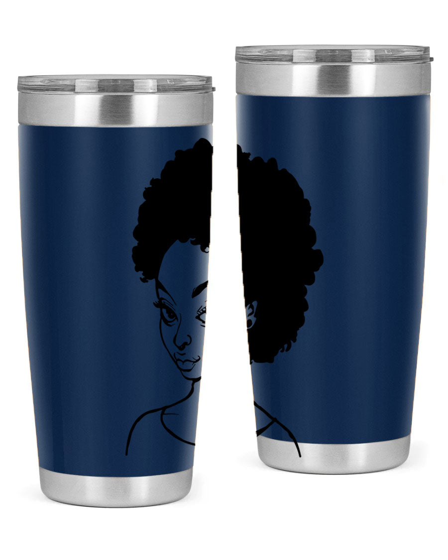 Afro woman tumbler featuring a vibrant design, made of stainless steel with double wall vacuum insulation.