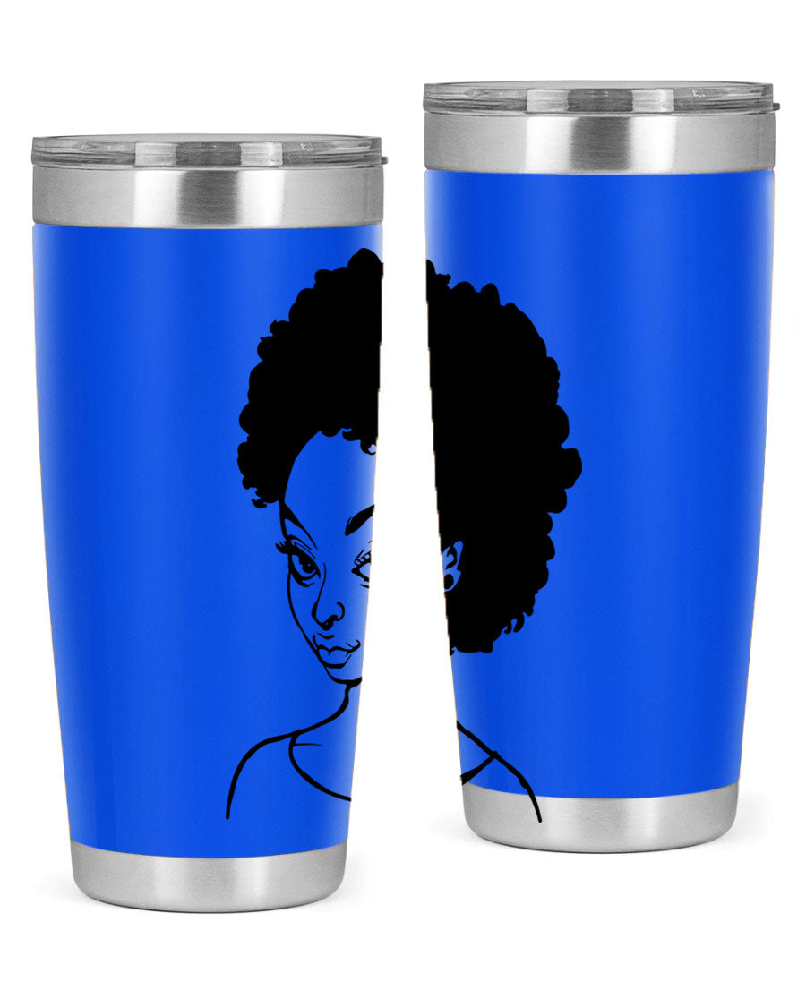 Afro woman tumbler featuring a vibrant design, made of stainless steel with double wall vacuum insulation.