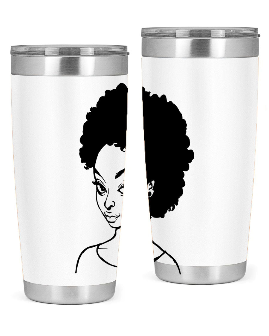 Afro woman tumbler featuring a vibrant design, made of stainless steel with double wall vacuum insulation.