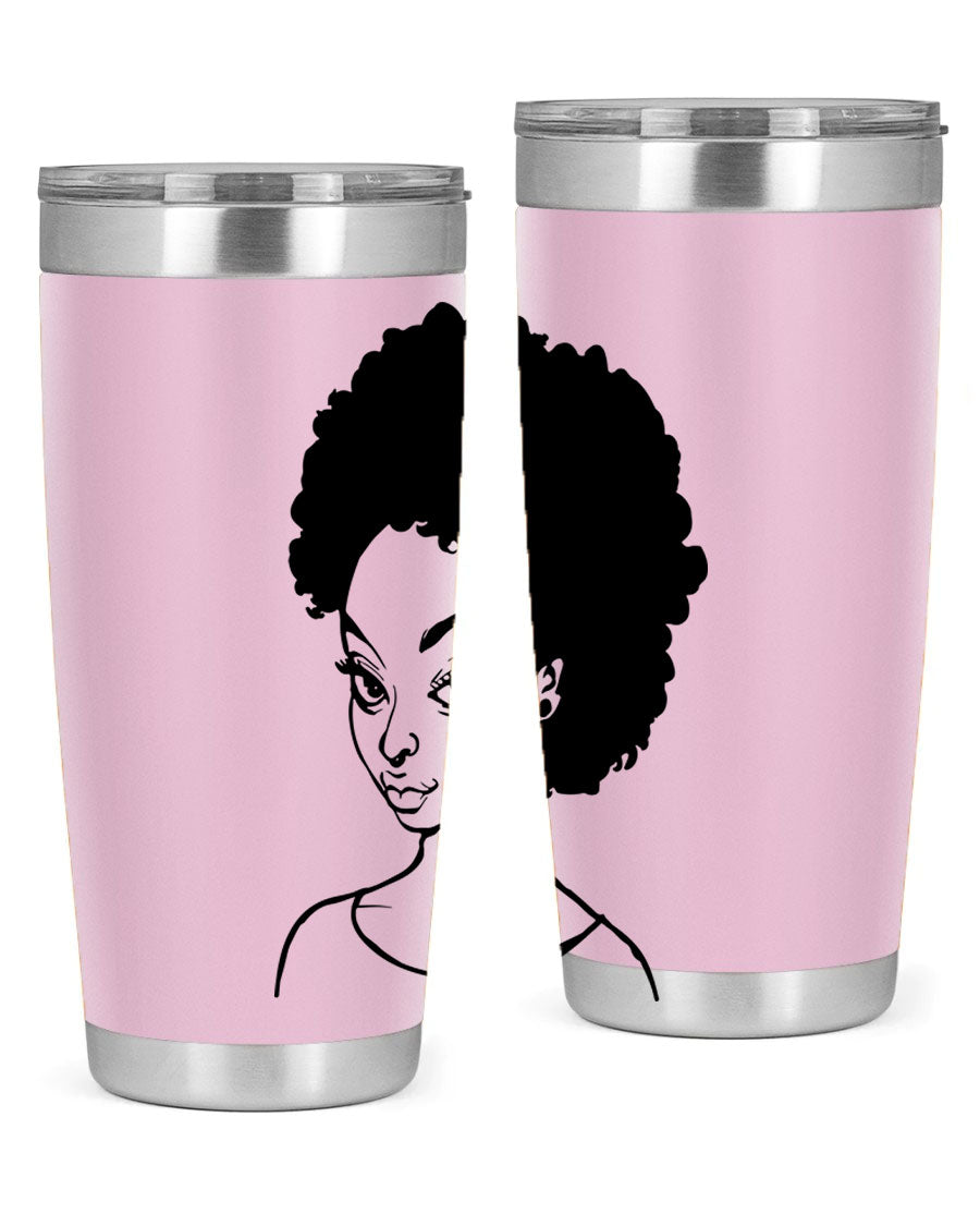 Afro woman tumbler featuring a vibrant design, made of stainless steel with double wall vacuum insulation.