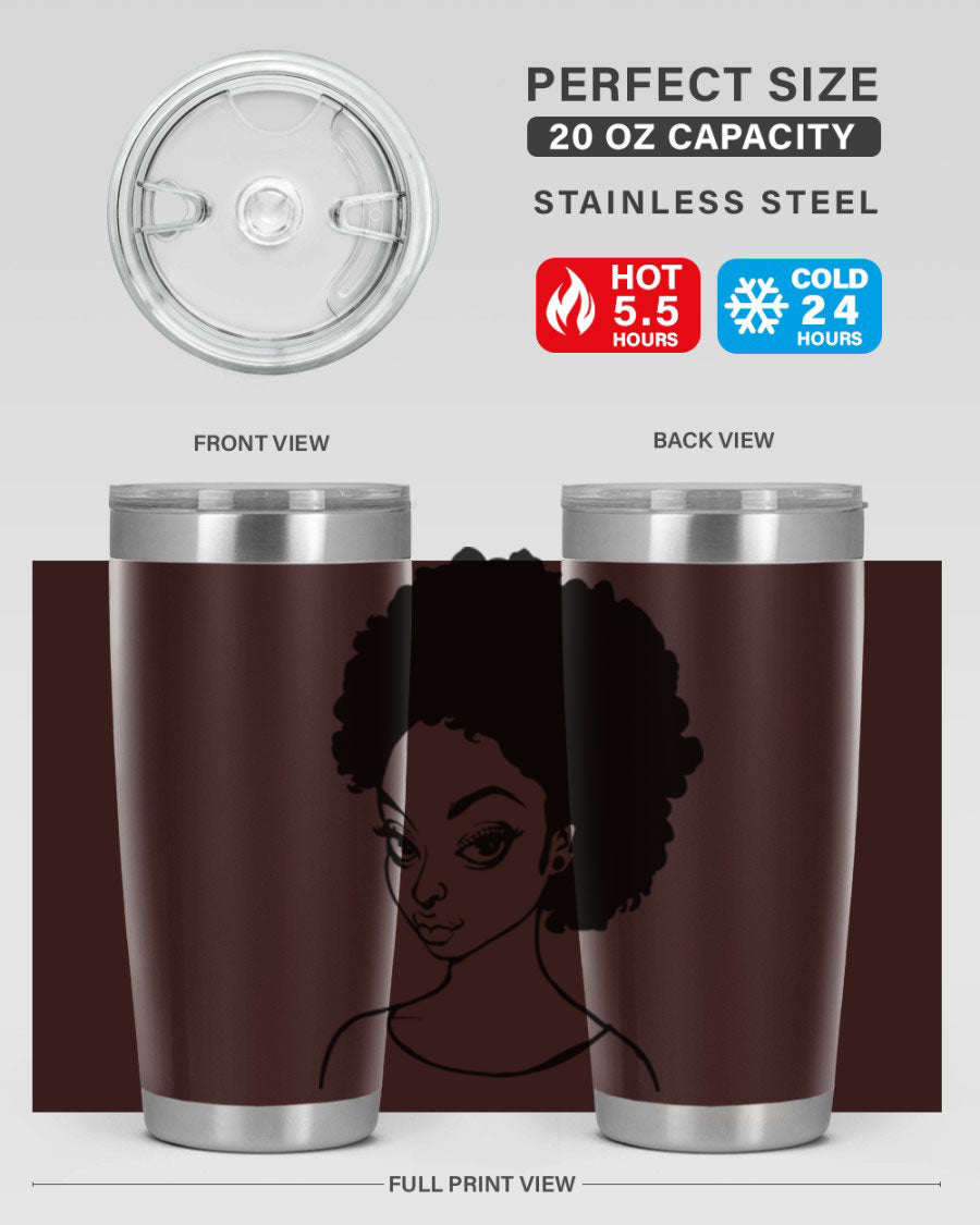 Afro woman tumbler featuring a vibrant design, made of stainless steel with double wall vacuum insulation.