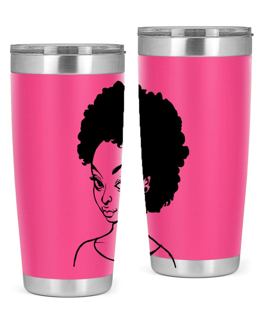 Afro woman tumbler featuring a vibrant design, made of stainless steel with double wall vacuum insulation.