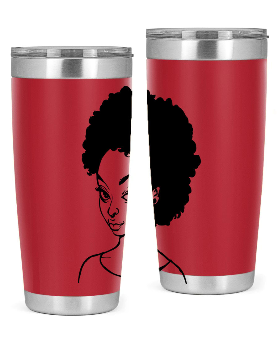 Afro woman tumbler featuring a vibrant design, made of stainless steel with double wall vacuum insulation.