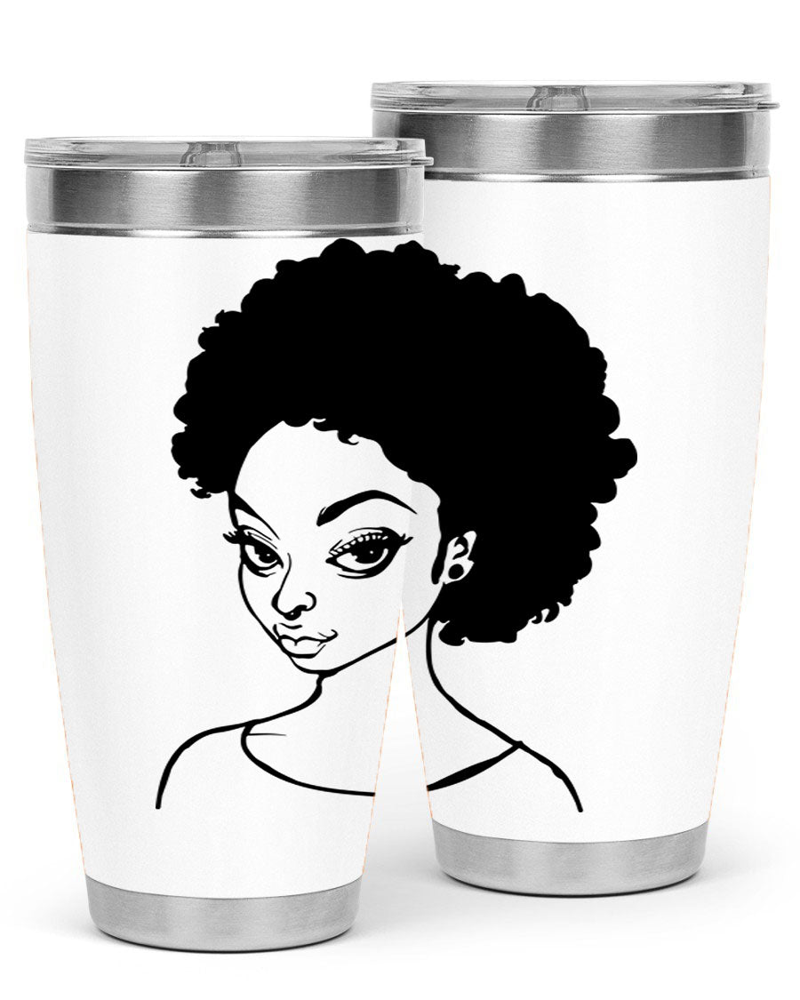 Afro woman tumbler featuring a vibrant design, made of stainless steel with double wall vacuum insulation.