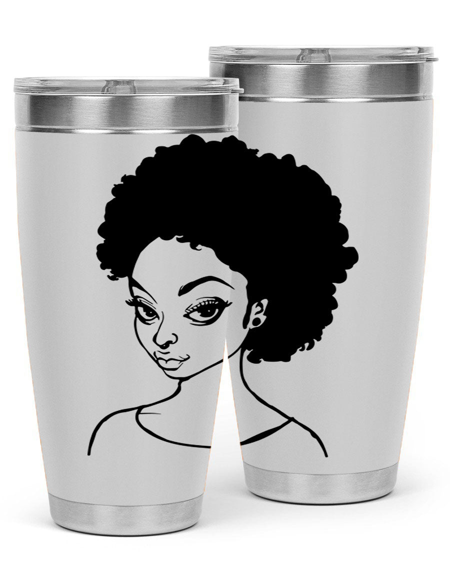 Afro woman tumbler featuring a vibrant design, made of stainless steel with double wall vacuum insulation.