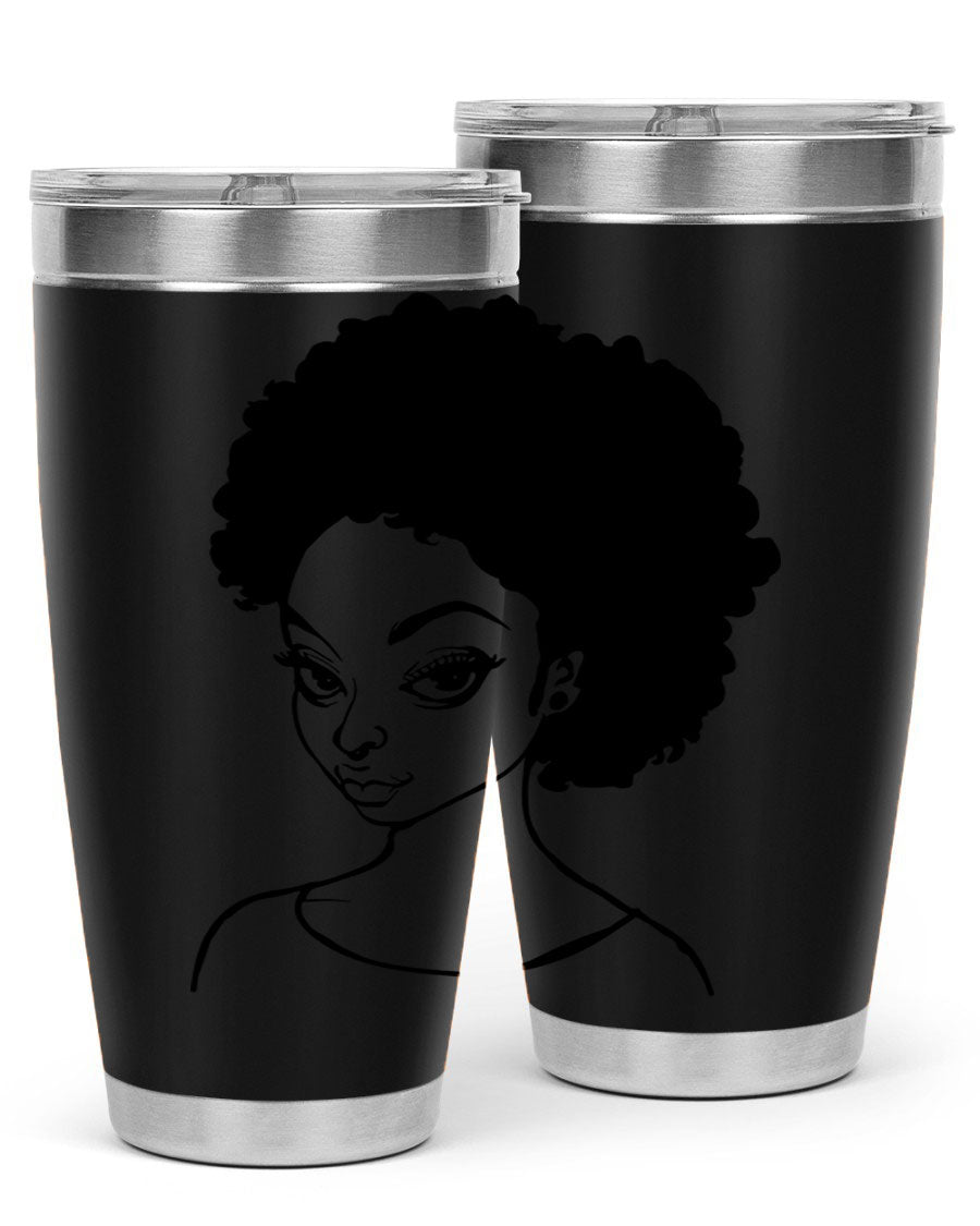 Afro woman tumbler featuring a vibrant design, made of stainless steel with double wall vacuum insulation.