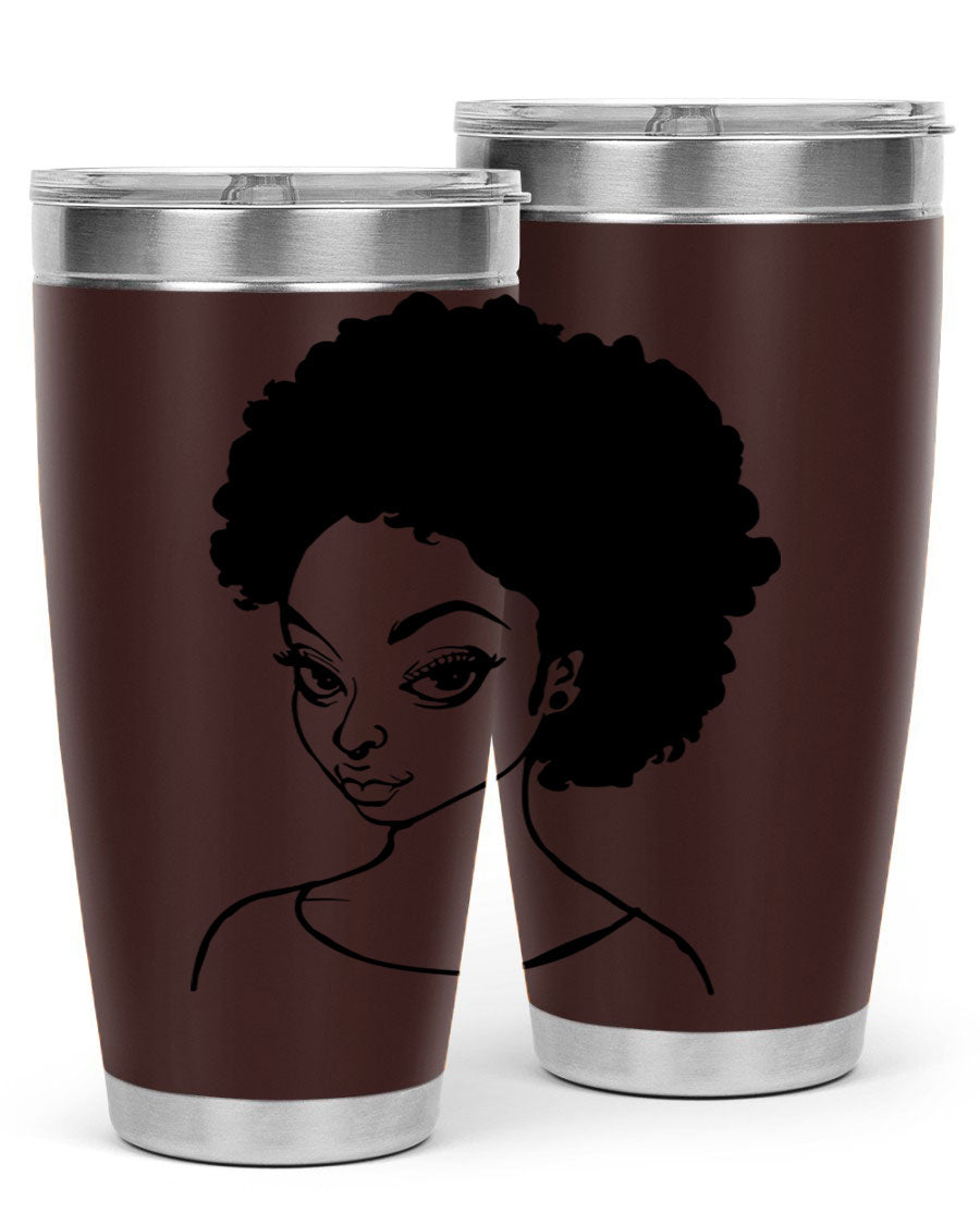 Afro woman tumbler featuring a vibrant design, made of stainless steel with double wall vacuum insulation.