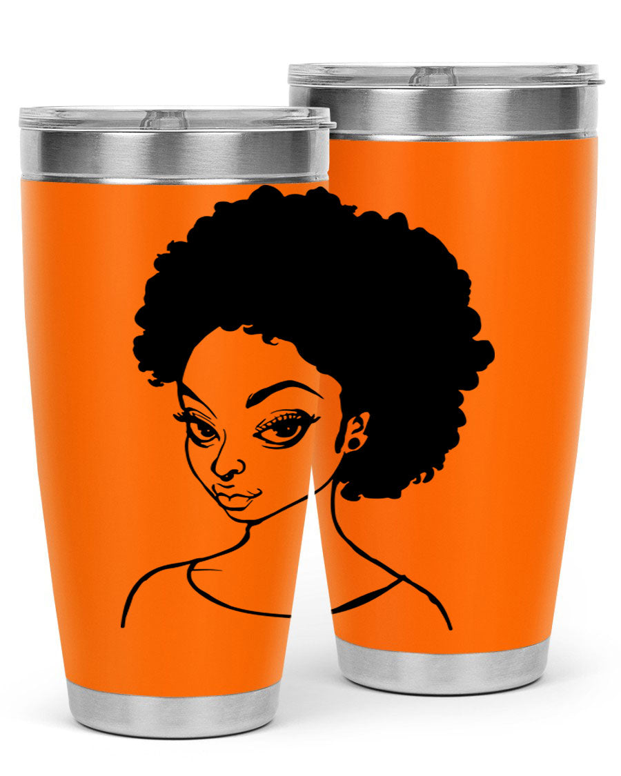 Afro woman tumbler featuring a vibrant design, made of stainless steel with double wall vacuum insulation.