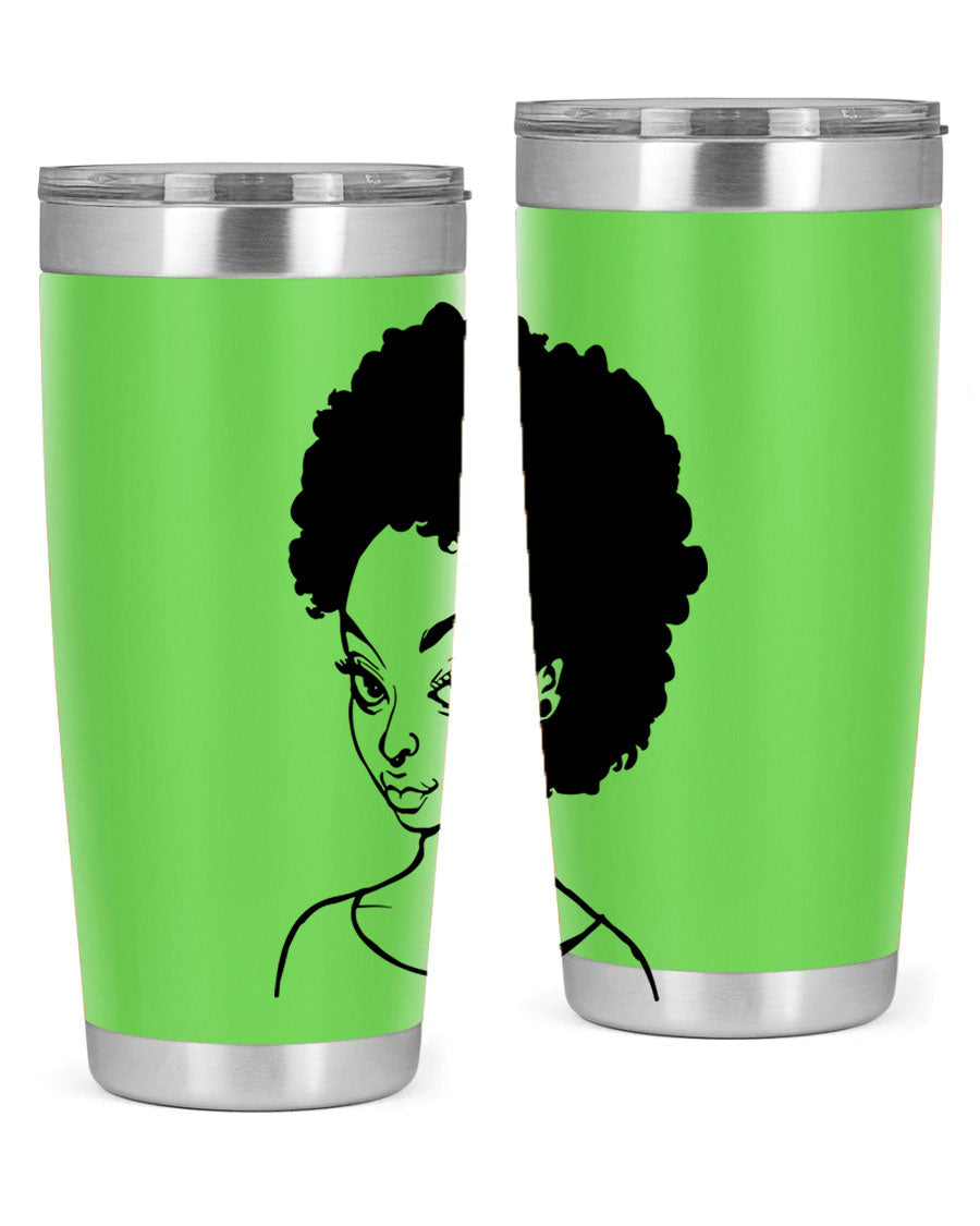 Afro woman tumbler featuring a vibrant design, made of stainless steel with double wall vacuum insulation.