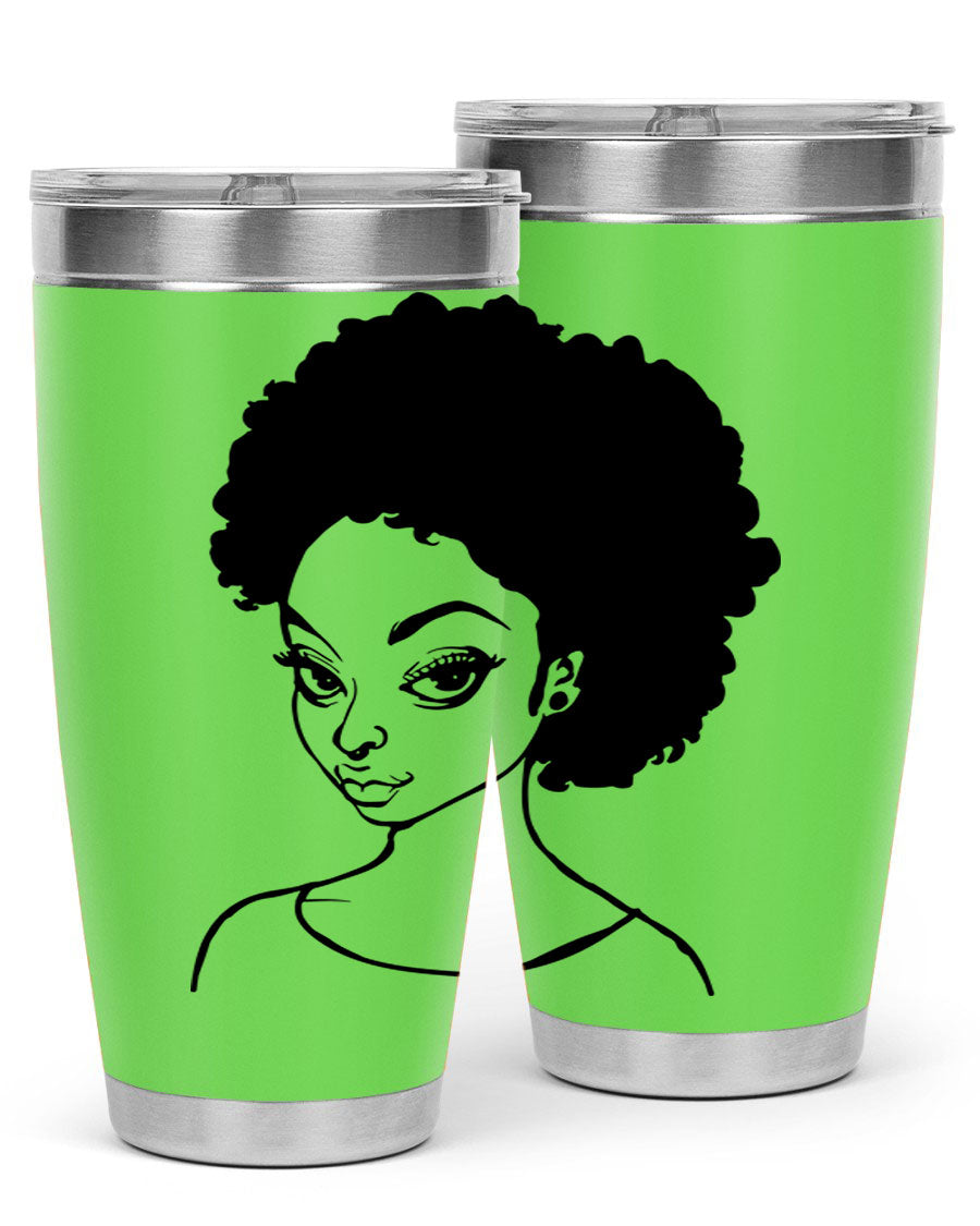 Afro woman tumbler featuring a vibrant design, made of stainless steel with double wall vacuum insulation.