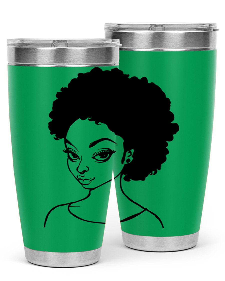 Afro woman tumbler featuring a vibrant design, made of stainless steel with double wall vacuum insulation.