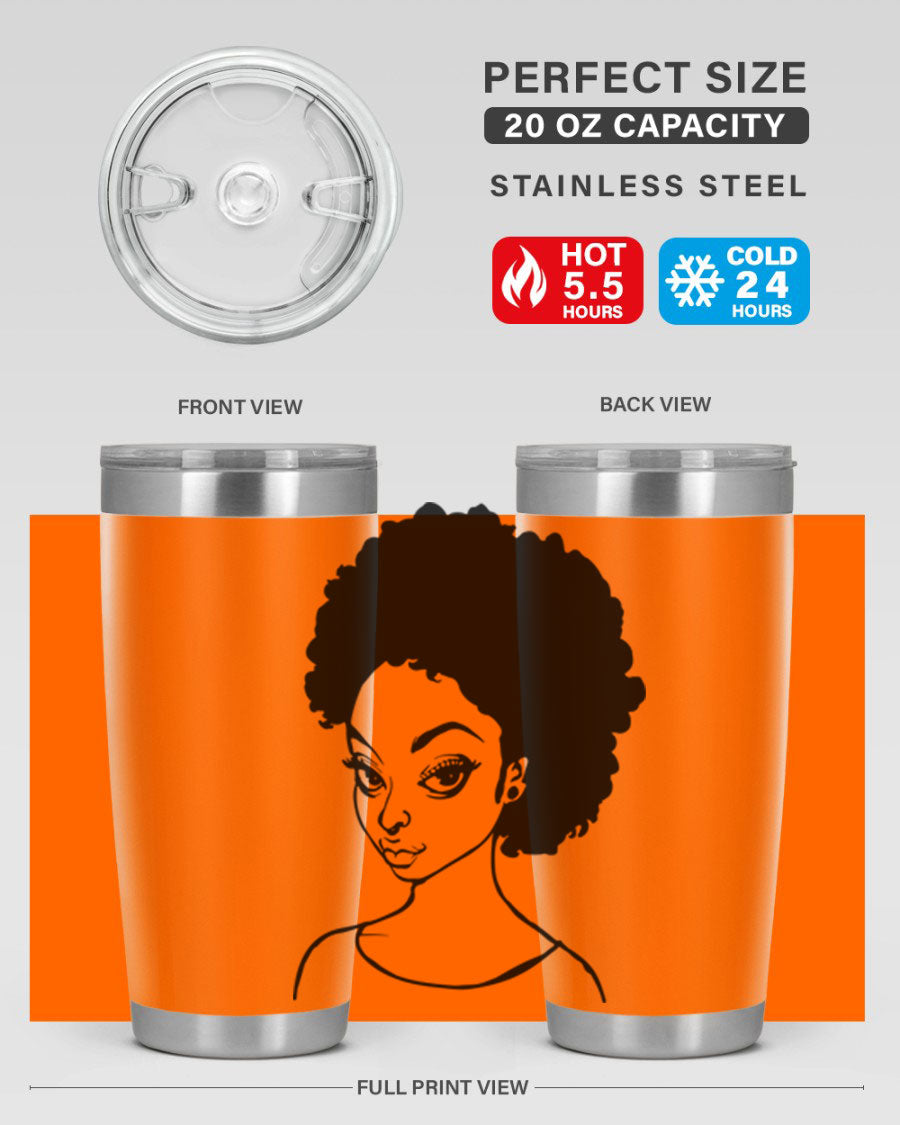 Afro woman tumbler featuring a vibrant design, made of stainless steel with double wall vacuum insulation.