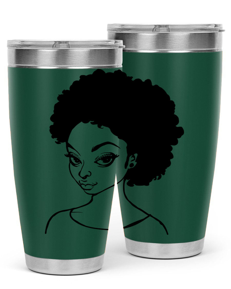 Afro woman tumbler featuring a vibrant design, made of stainless steel with double wall vacuum insulation.