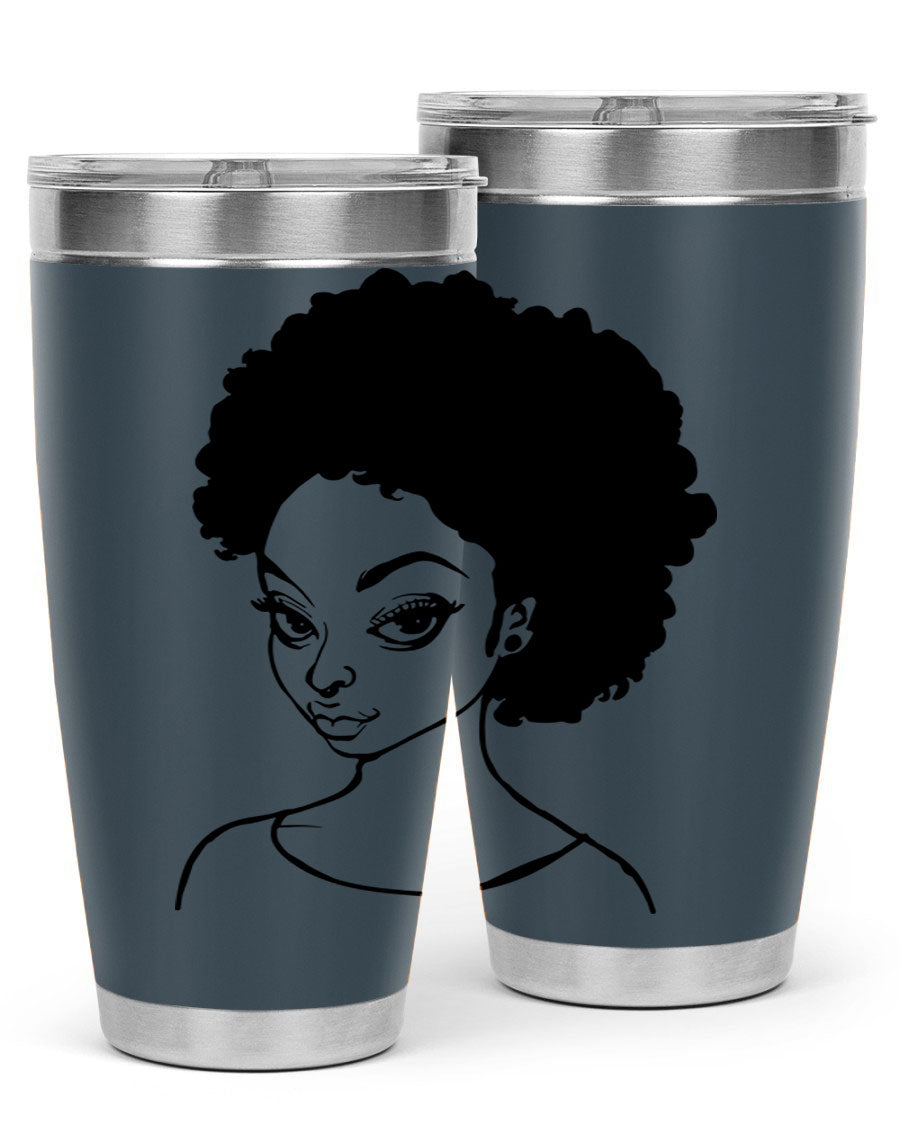 Afro woman tumbler featuring a vibrant design, made of stainless steel with double wall vacuum insulation.