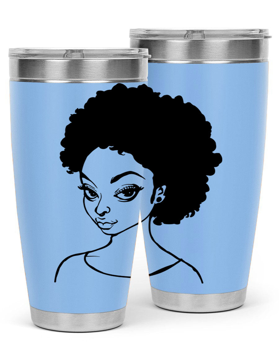 Afro woman tumbler featuring a vibrant design, made of stainless steel with double wall vacuum insulation.