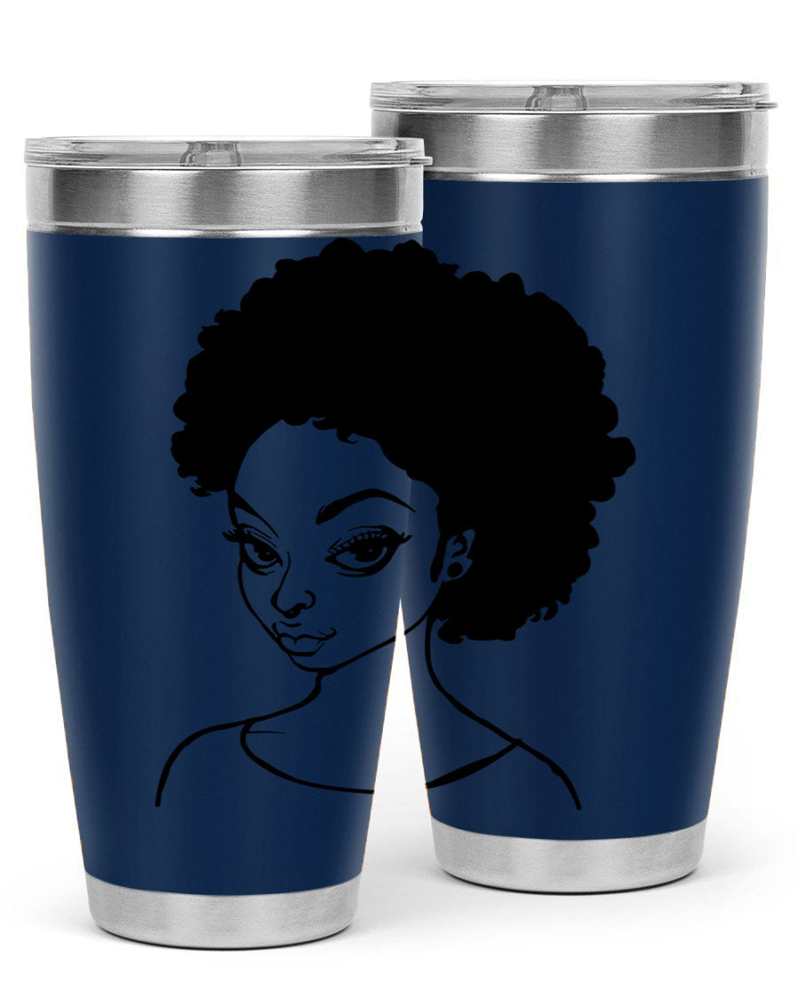 Afro woman tumbler featuring a vibrant design, made of stainless steel with double wall vacuum insulation.