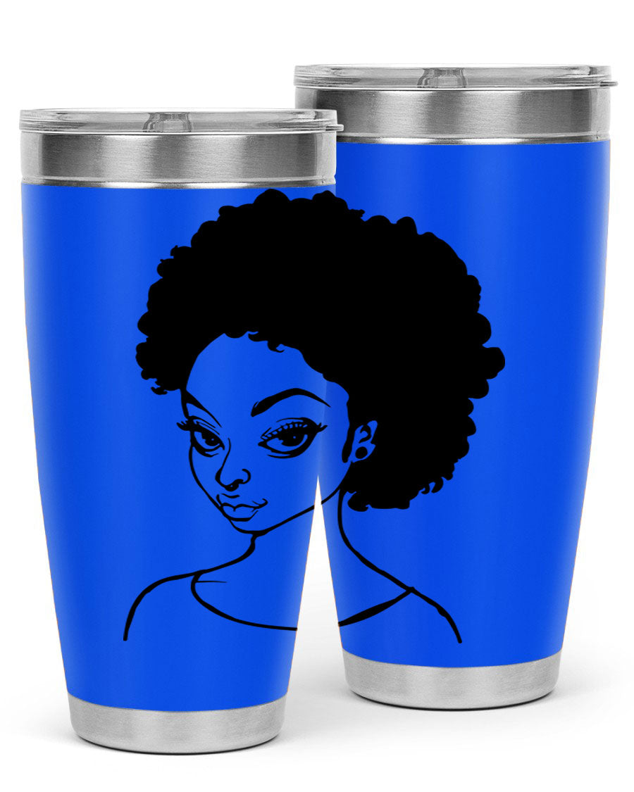 Afro woman tumbler featuring a vibrant design, made of stainless steel with double wall vacuum insulation.