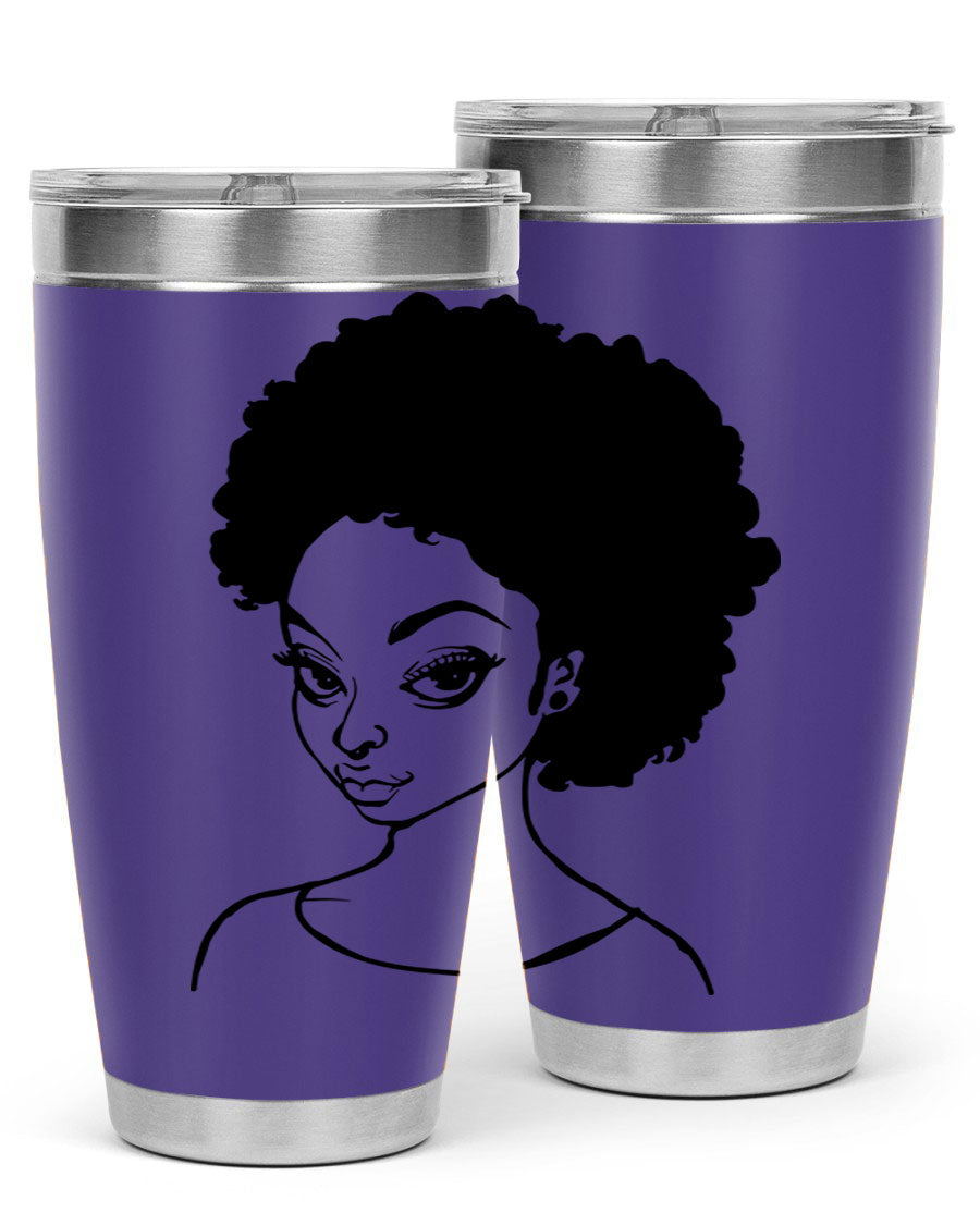 Afro woman tumbler featuring a vibrant design, made of stainless steel with double wall vacuum insulation.