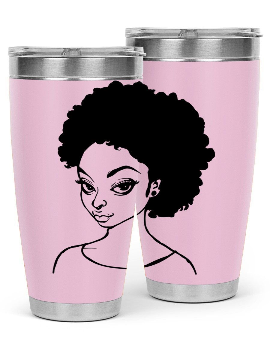 Afro woman tumbler featuring a vibrant design, made of stainless steel with double wall vacuum insulation.