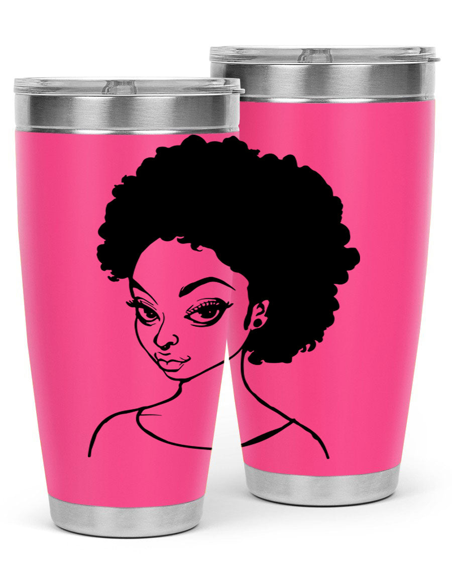 Afro woman tumbler featuring a vibrant design, made of stainless steel with double wall vacuum insulation.