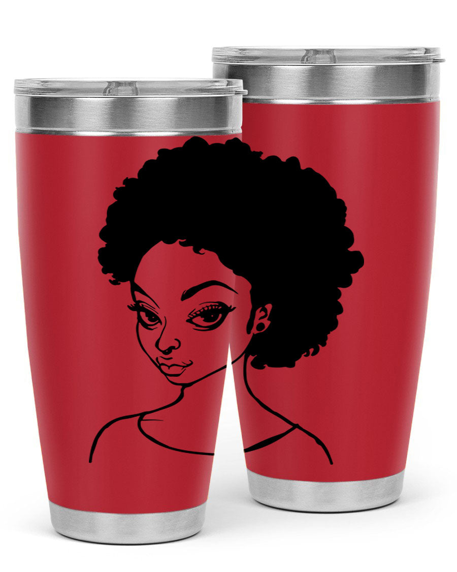 Afro woman tumbler featuring a vibrant design, made of stainless steel with double wall vacuum insulation.