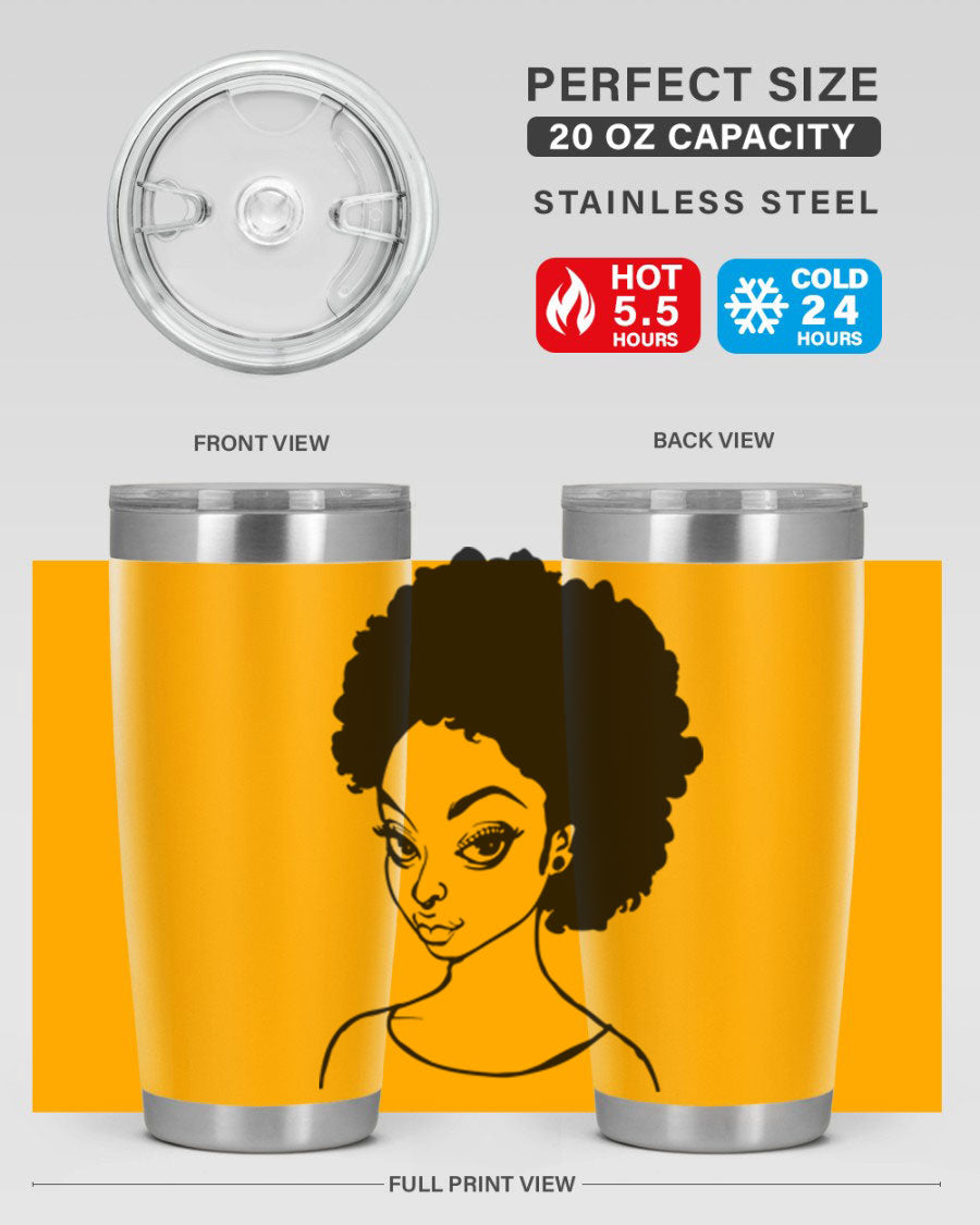 Afro woman tumbler featuring a vibrant design, made of stainless steel with double wall vacuum insulation.