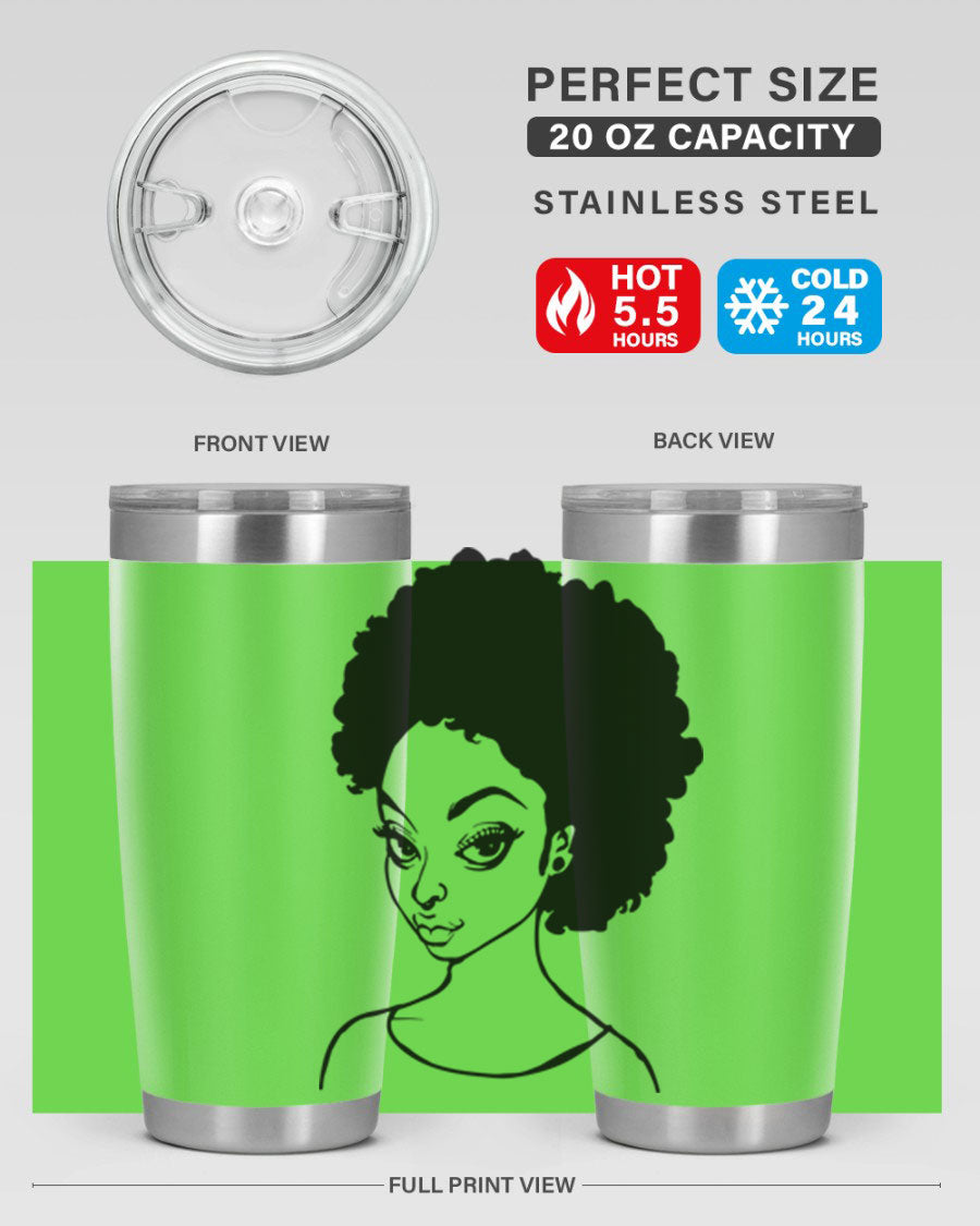 Afro woman tumbler featuring a vibrant design, made of stainless steel with double wall vacuum insulation.