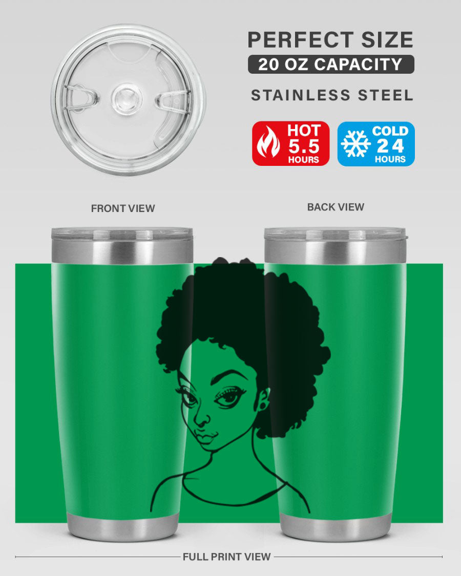 Afro woman tumbler featuring a vibrant design, made of stainless steel with double wall vacuum insulation.