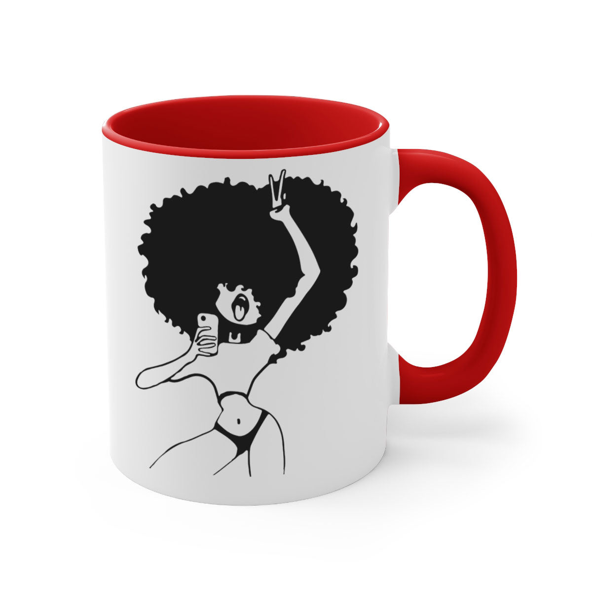 A stylish coffee mug featuring an afro woman taking a selfie, with a glossy finish and a colored handle.