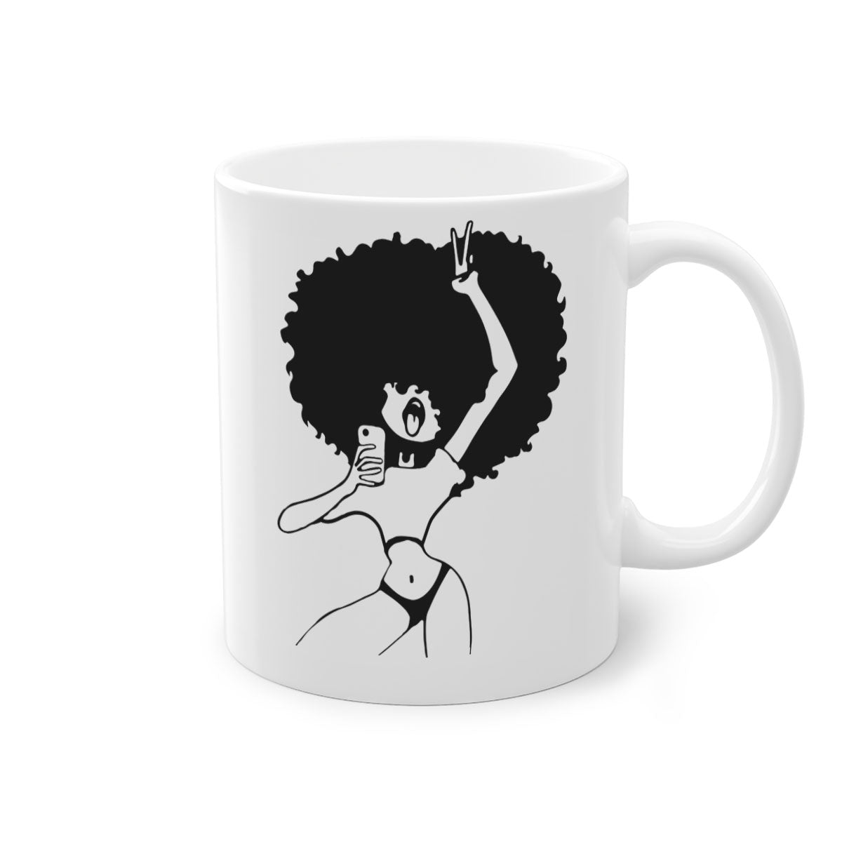 A stylish coffee mug featuring an afro woman taking a selfie, with a glossy finish and a colored handle.