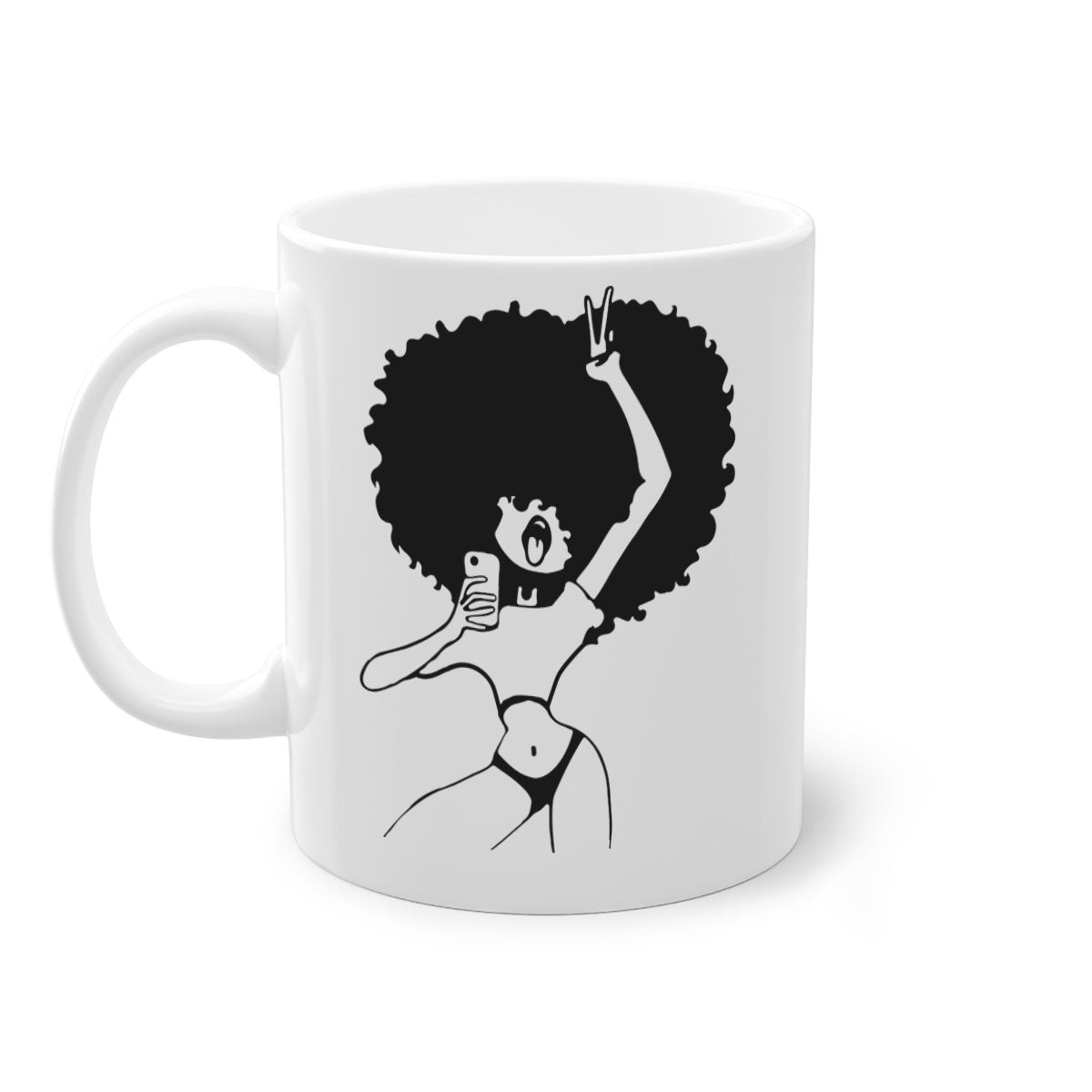 A stylish coffee mug featuring an afro woman taking a selfie, with a glossy finish and a colored handle.
