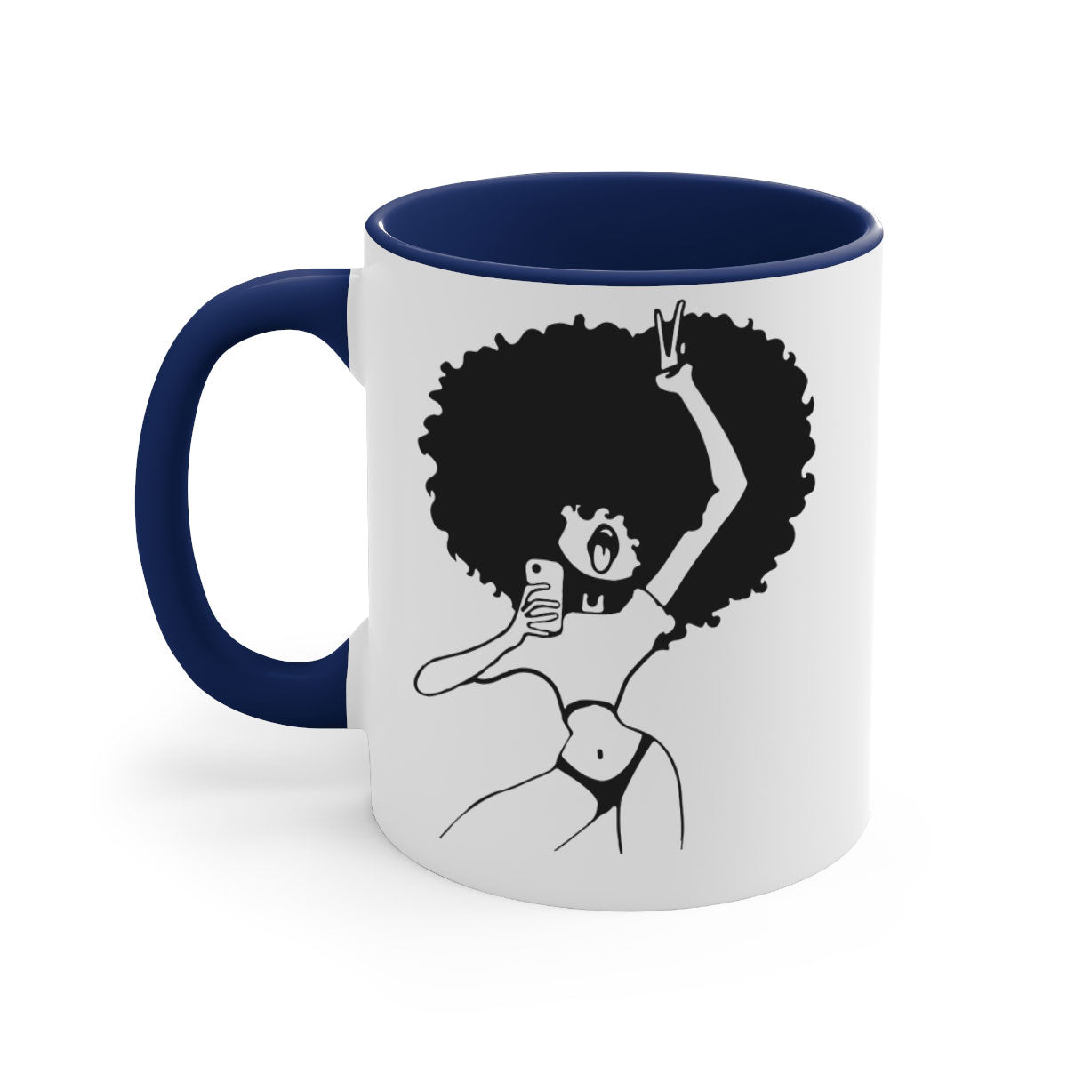A stylish coffee mug featuring an afro woman taking a selfie, with a glossy finish and a colored handle.