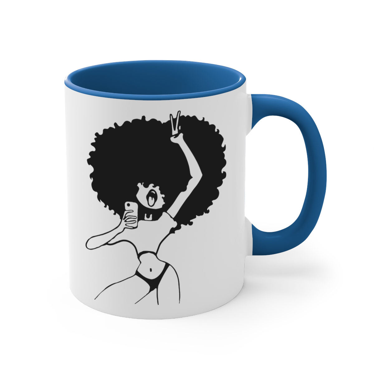 A stylish coffee mug featuring an afro woman taking a selfie, with a glossy finish and a colored handle.