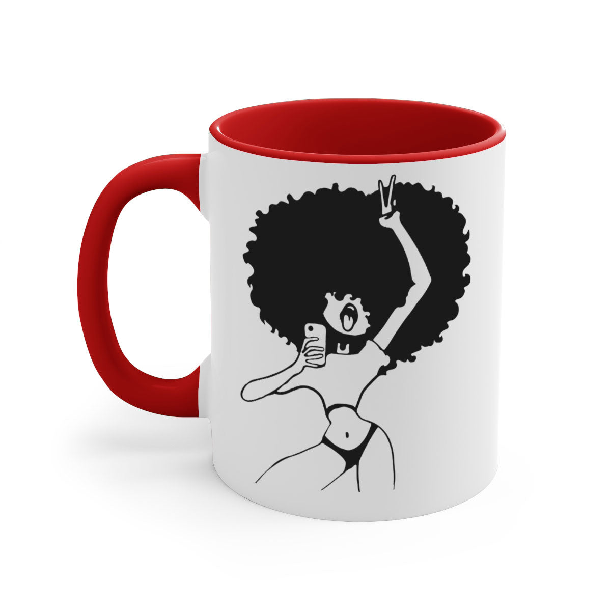 A stylish coffee mug featuring an afro woman taking a selfie, with a glossy finish and a colored handle.