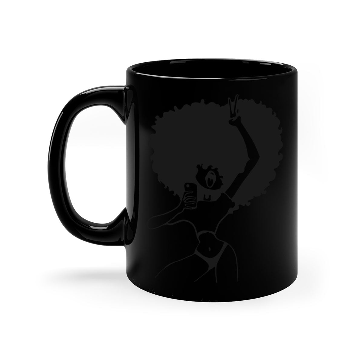 A stylish coffee mug featuring an afro woman taking a selfie, with a glossy finish and a colored handle.