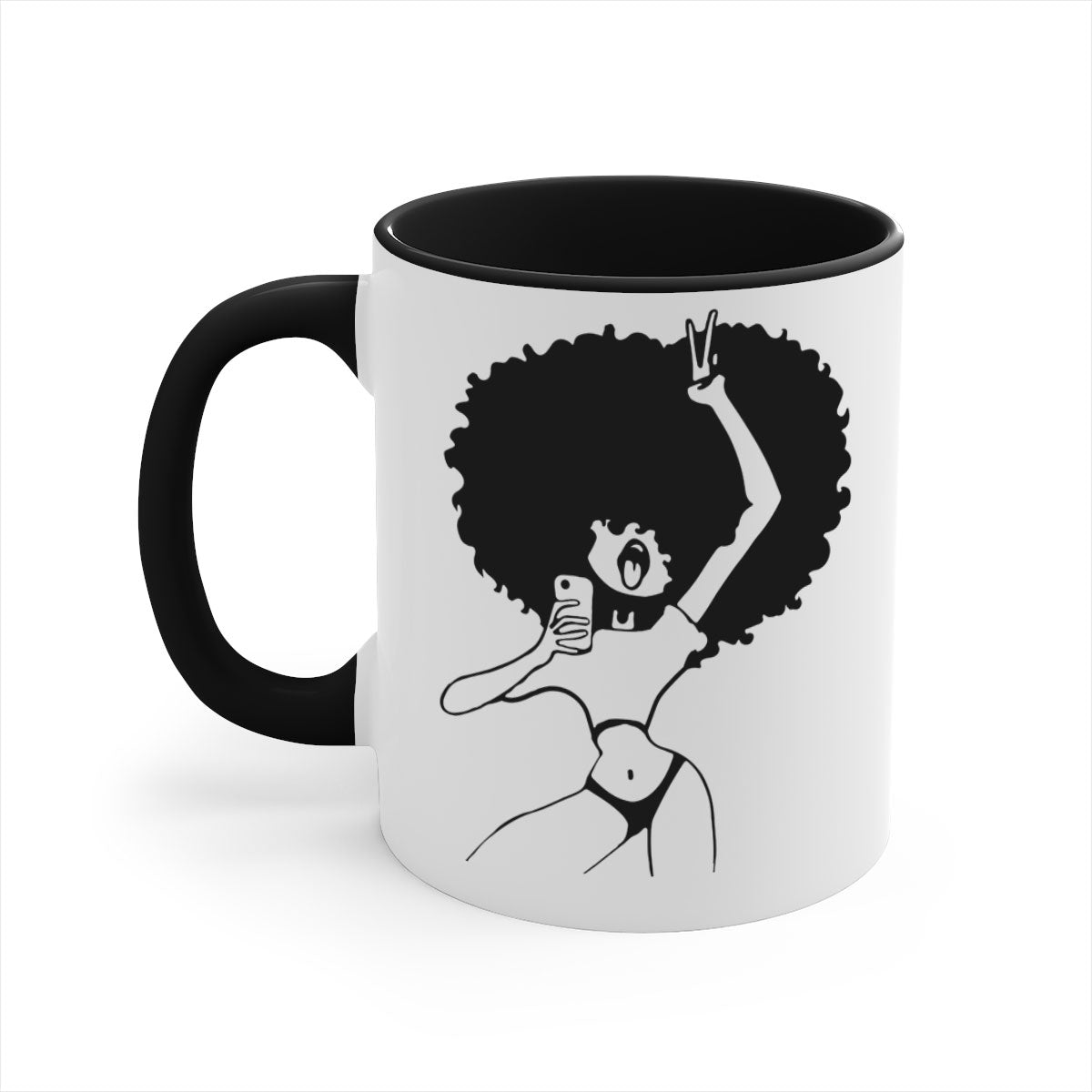 A stylish coffee mug featuring an afro woman taking a selfie, with a glossy finish and a colored handle.