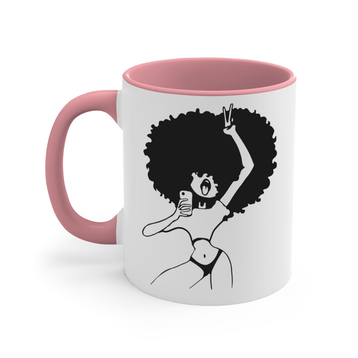 A stylish coffee mug featuring an afro woman taking a selfie, with a glossy finish and a colored handle.