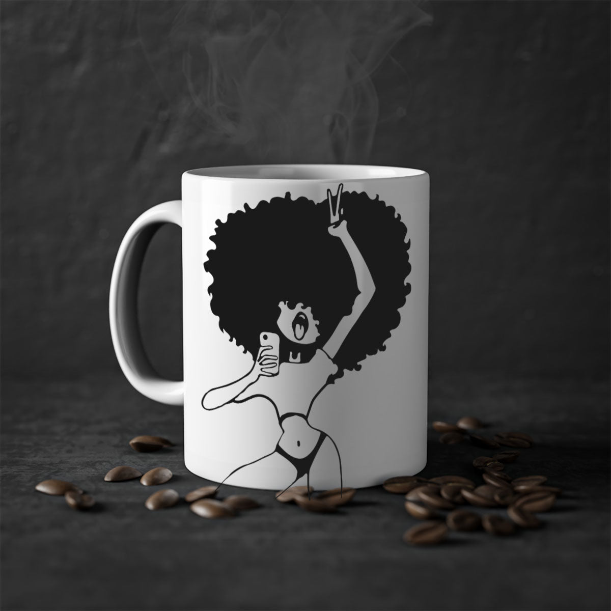 A stylish coffee mug featuring an afro woman taking a selfie, with a glossy finish and a colored handle.