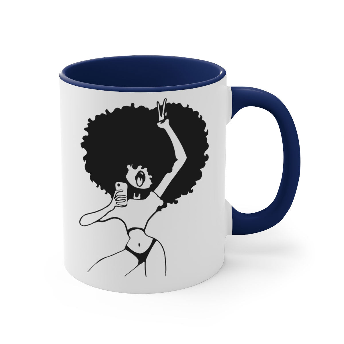 A stylish coffee mug featuring an afro woman taking a selfie, with a glossy finish and a colored handle.
