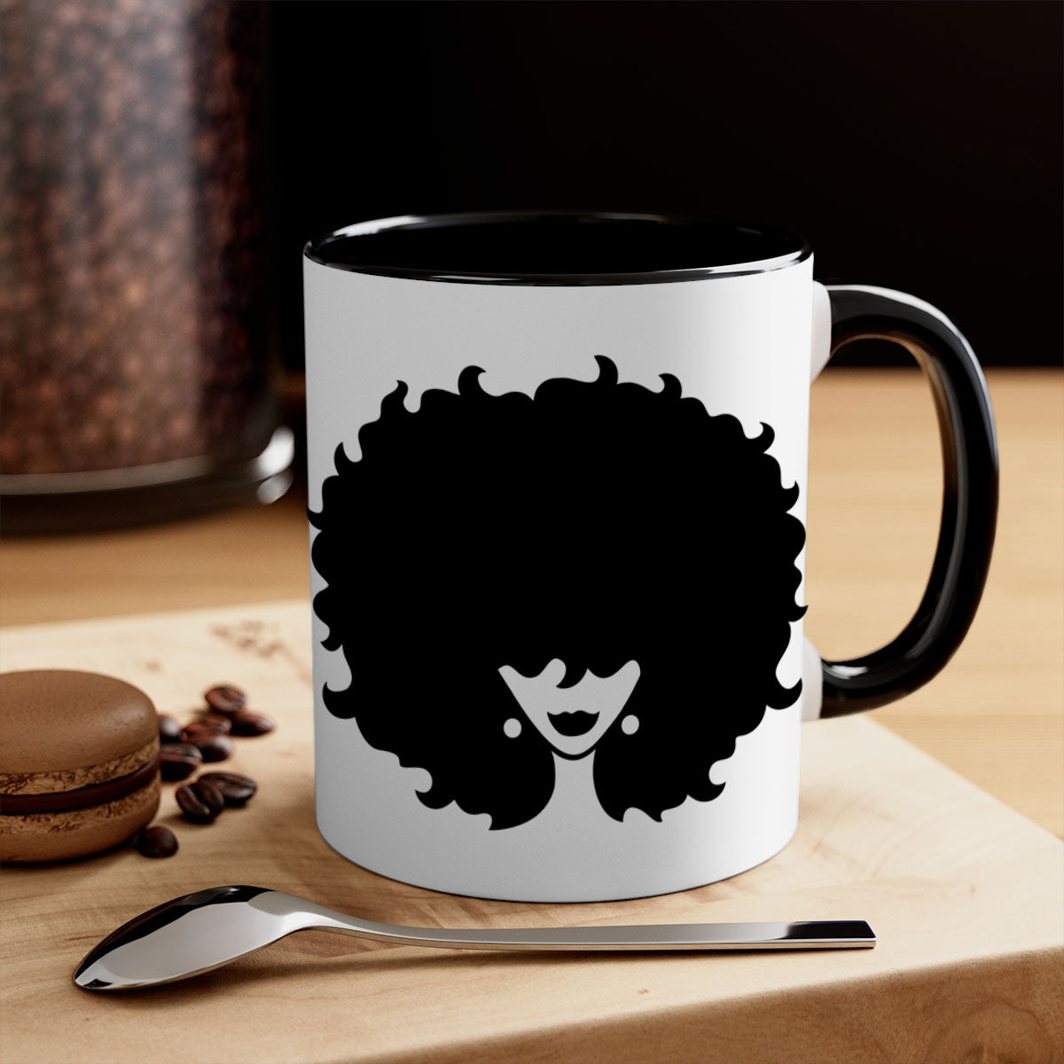 Afro woman64# Mug featuring a glossy finish, colored handle, and interior, available in multiple colors and sizes.