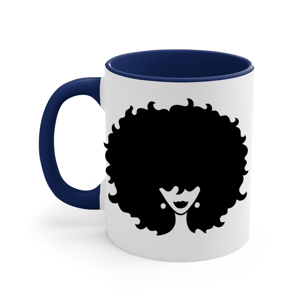 Afro woman64# Mug featuring a glossy finish, colored handle, and interior, available in multiple colors and sizes.