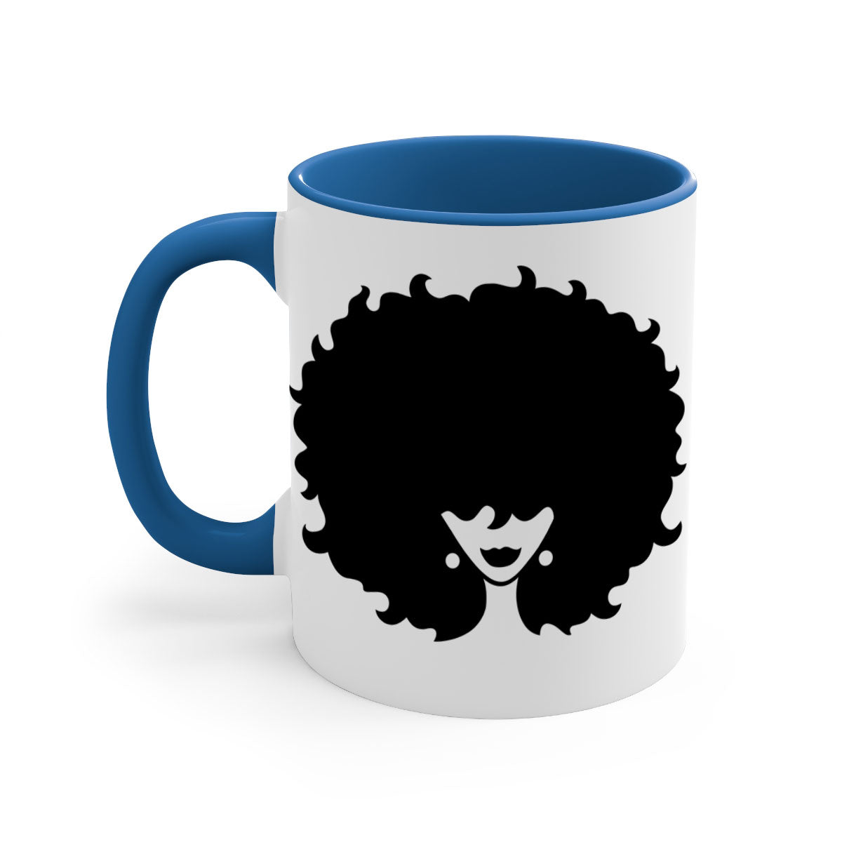 Afro woman64# Mug featuring a glossy finish, colored handle, and interior, available in multiple colors and sizes.