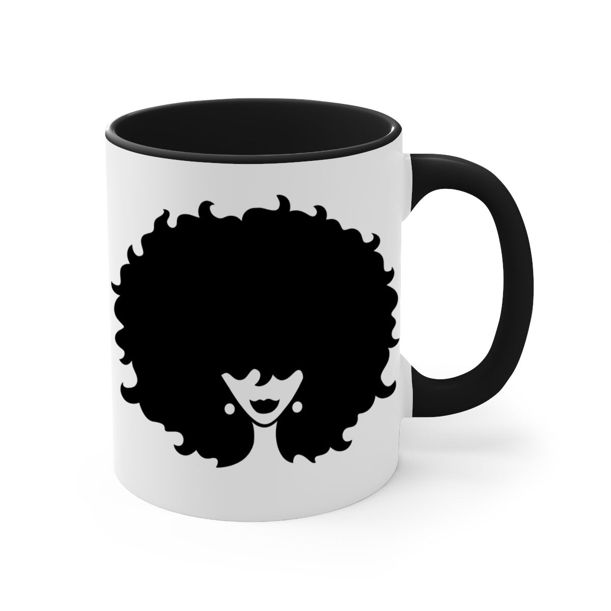 Afro woman64# Mug featuring a glossy finish, colored handle, and interior, available in multiple colors and sizes.