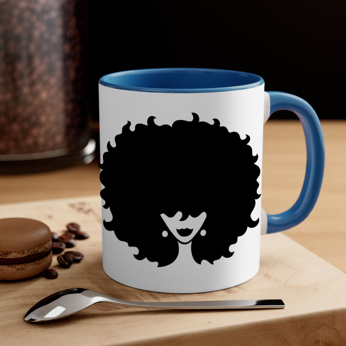 Afro woman64# Mug featuring a glossy finish, colored handle, and interior, available in multiple colors and sizes.