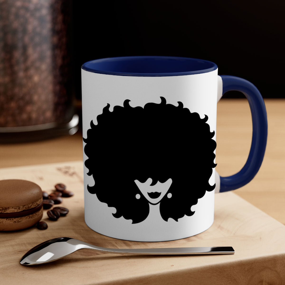 Afro woman64# Mug featuring a glossy finish, colored handle, and interior, available in multiple colors and sizes.