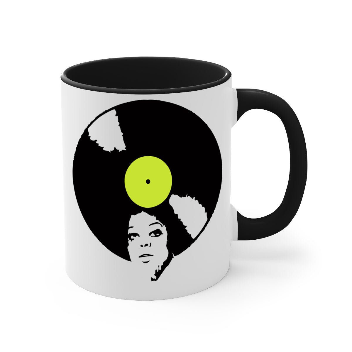 Afrovinyl 63# Mug featuring a glossy finish, colorful handle, and interior, designed for black women and girls, available in multiple colors.
