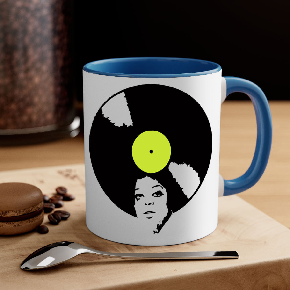 Afrovinyl 63# Mug featuring a glossy finish, colorful handle, and interior, designed for black women and girls, available in multiple colors.